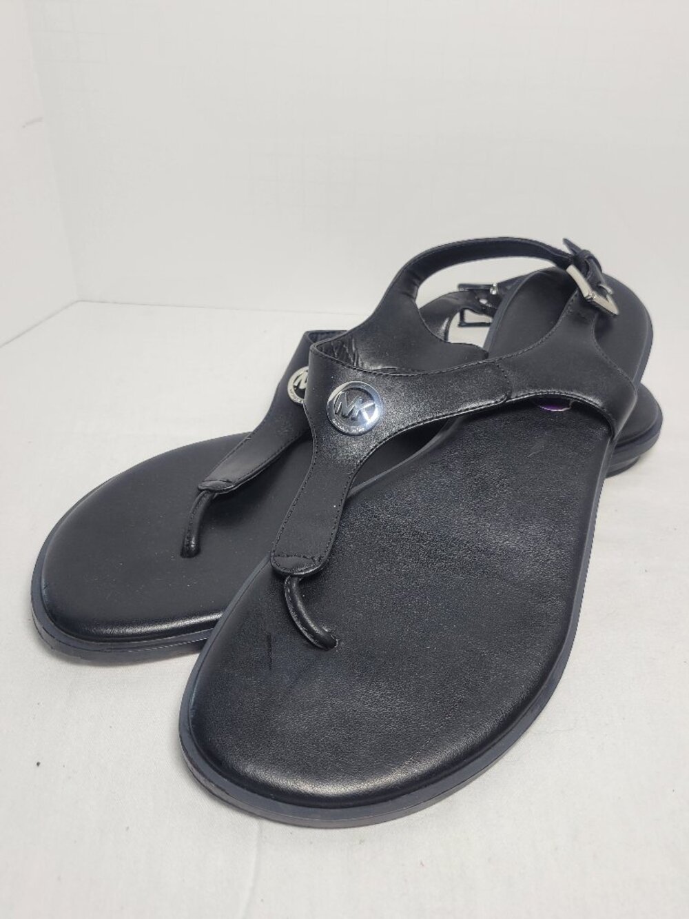 Michael Kors Black Leather T Strap Logo Sandals Women's 8.5M